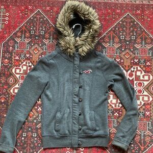 Hollister Women's Charcoal Bomber sweatshirt Jacket w Faux Fur Hood